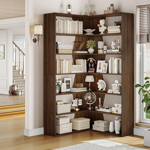 FACBOTALL 6-Tier Corner Bookshelf, Modern Bookshelf and Bookcase, Tall Bookcase Open Display Storage, L Shaped Corner Shelf for Library, Living Room, Home Office, Rustic Brown