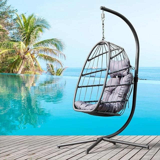 Egg Chair with Stand Indoor Outdoor Patio Wicker Hanging Chair Aluminum Frame Swing Chair Patio Egg Chair with UV Resistant Grey Cushion