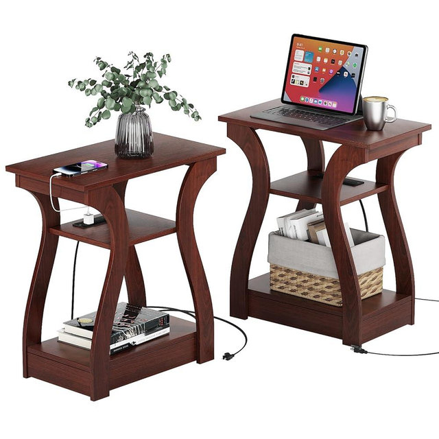 FROMJBEST End table Set of 2 Side Table with Charging Station, Side Table with USB Ports and Outlets, Nightstand, 3 Tier End table with Storage Shelf for Living Room, Bedroom (Cherry)