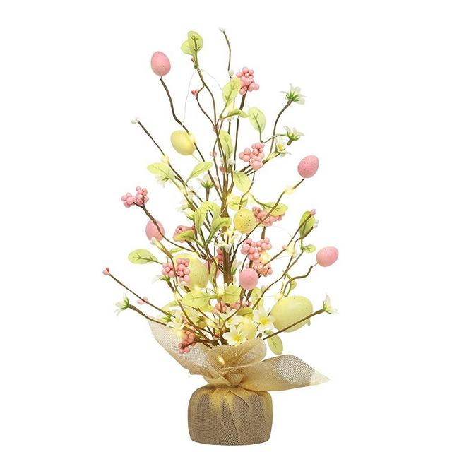 RoseCraft Easter Decorations, 18 Inch Pre-Lit Easter Egg Tree Tabletop Decor with Delicate Oranments, for Home Party Wedding Holiday Spring Summer Decoration - Gifts, Yellow/Pink.