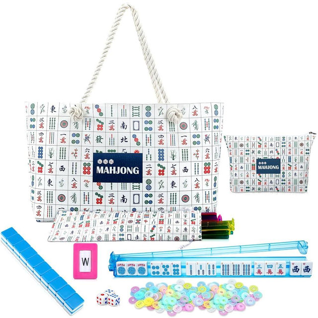 LaRandom American Mahjong Tile Set, 166 Blue Tiles, 4 All-in-one Rack/Pushers, Complete Western Mahjong Set with Mah Jong Printed Carrying Bags