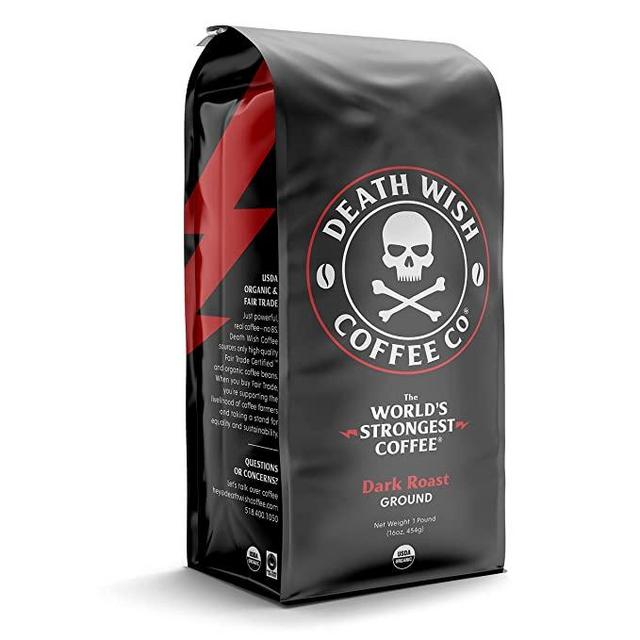 Death Wish Coffee Organic, Fair-Trade, Arabica, Robusta, Dark Roast Ground Coffee, 16 Oz, Bag