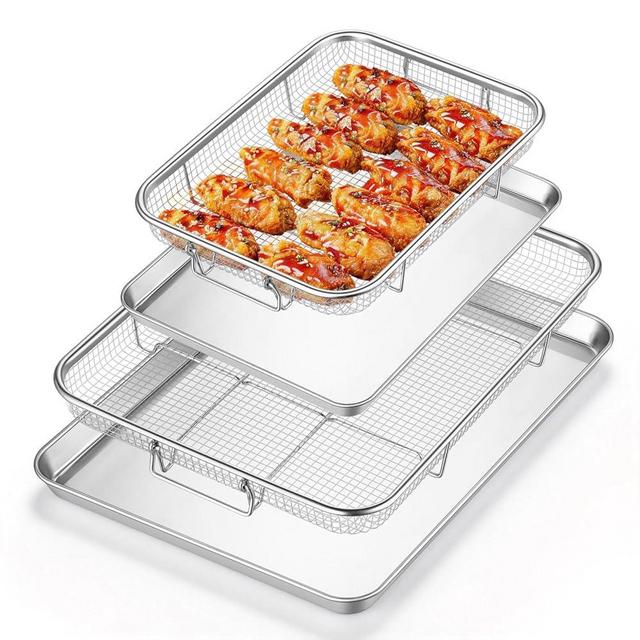 E-far 2 Set Air Fryer Basket for Oven, 16” x 12” & 12.5” x 9.6” Stainless Steel Air Fryer Pan and Crisper Tray, Air Fryer Rack with Baking Pan for Crisper Foods Frying Healthy Cooking, Dishwasher Safe