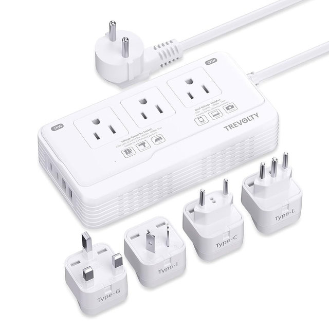2000W Voltage Converter US to Europe for Hair Dryer, 220V to 110V Converter for European Travel Plug Adapter with 3 AC 2 USBC 2 USBA Ports, Travel Essential with EU UK IT AU Plug (White)