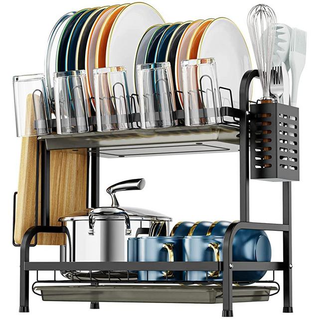 iSPECLE Dish Drying Rack, 2 Tier Dish Rack with Cup Holder Utensil Holder and Cutting Board Holder, Dish Drainer with Drainboard Large Capacity for Small Kitchen Countertop, Black