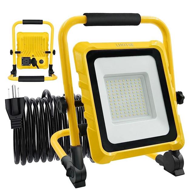 10000LM LED Work Light, Lhotse 80W Portable Flood Light with Socket & Switch, Outside Work Lights with Stand,16.4 ft Cord, 2 Brightness Modes Adjustable Worklight for Workshop Garage,Construction Site