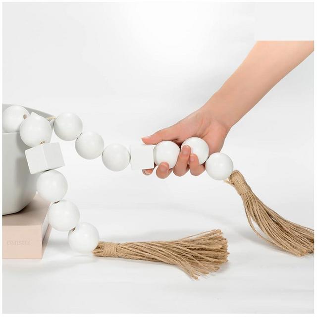 OMISHE White Large Wood Bead Garland with 1.6" Diameter Wooden Beads and Tassels, 41.5" Long Rustic Farmhouse Country Wood Beads Garland Decorative Beads for Home Decor Tiered Tray Decor Boho Decor