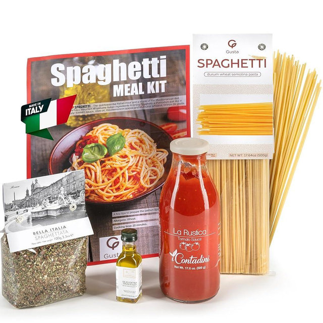Gusta Tomato Spaghetti Pasta Meal Kit - Made in Italy - Gourmet Italian Food Lovers - Italian Gift Basket Gourmet Pasta - Authentic Thin Spaghetti Noodles - Makes 5 Meals with Recipe Booklet