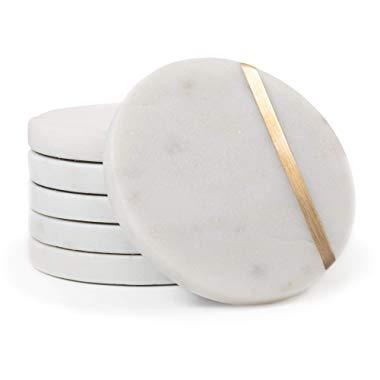 Cork & Mill Marble Coasters - Handcrafted Natural Stone Coasters - 4" Wide Drink Coasters - White with Brass Inlay - Set of 6