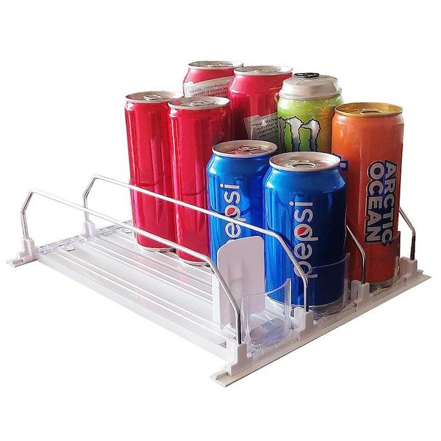 Drink Dispenser for Fridge, Drink Organizer for Fridge Pusher Glide, Width Adjustable Drink Organizer - Soda Can Dispenser for Refrigerator for Beer, Pop Can, Water Bottle Storage, 3 Row (White)