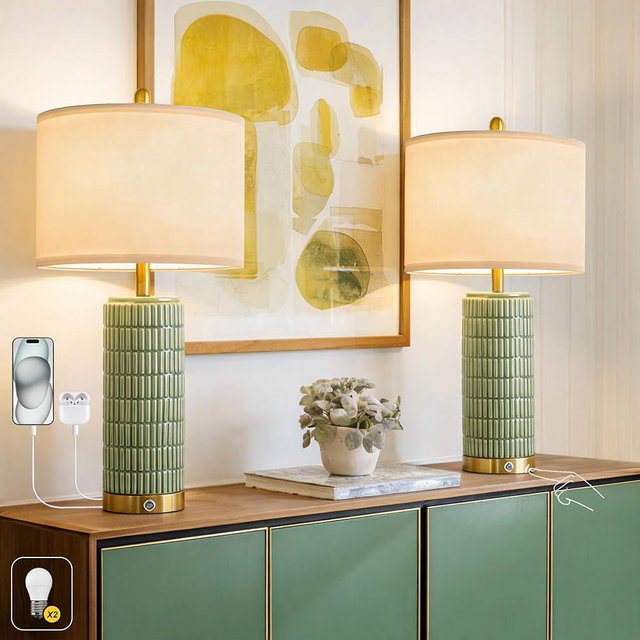 PoKat 25'' Bedside Table Lamps Set of 2 for Living Room with USB A&C Ports, Touch Lamps with 3-Way Dimmable Control for Bedroom, Farmhouse Green Lamps for Nightstand Office Hallway (Bulbs Included)