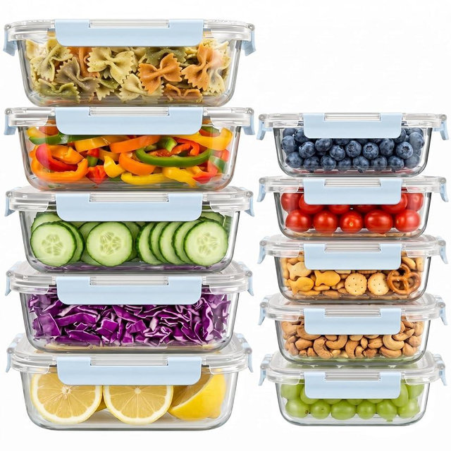 Dealusy 10 Sets (20-Piece) 4.5 Cup & 1.5 Cup Glass Food Storage Containers with lids, Airtight Leak-proof Glass Meal Prep Containers with Lids, Microwave Oven Freezer Dishwasher Safe, Blue