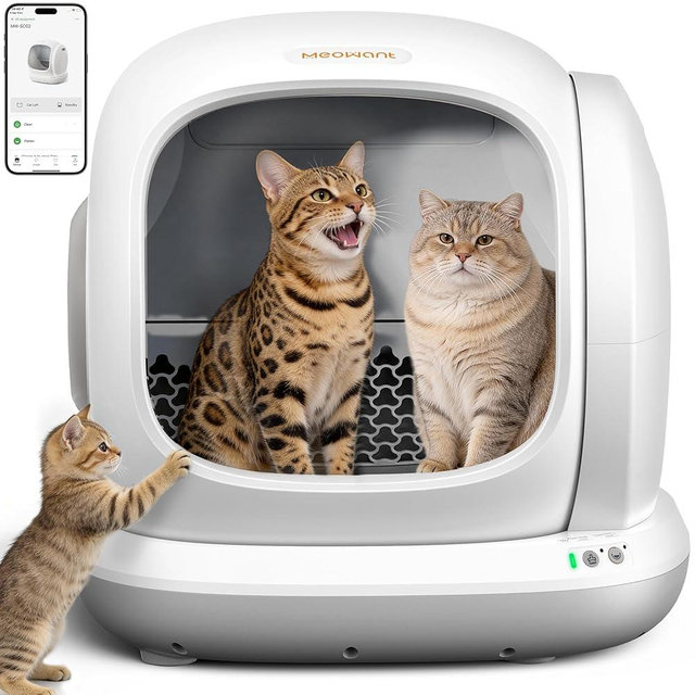 MeoWant Self-Cleaning Cat Litter Box, 75L Extra Large Open Automatic Cat Litter Box for Multi Cats, Integrated Safety Protection/APP Control/Odor Removal Smart Box with Mat & Liner (Gray)