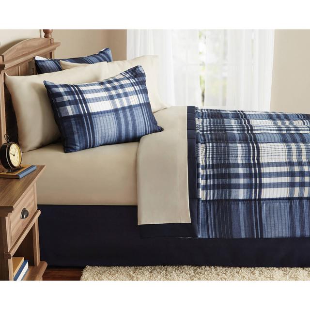 Mainstays Indigo Plaid Bed in a Bag Complete Bedding, Queen