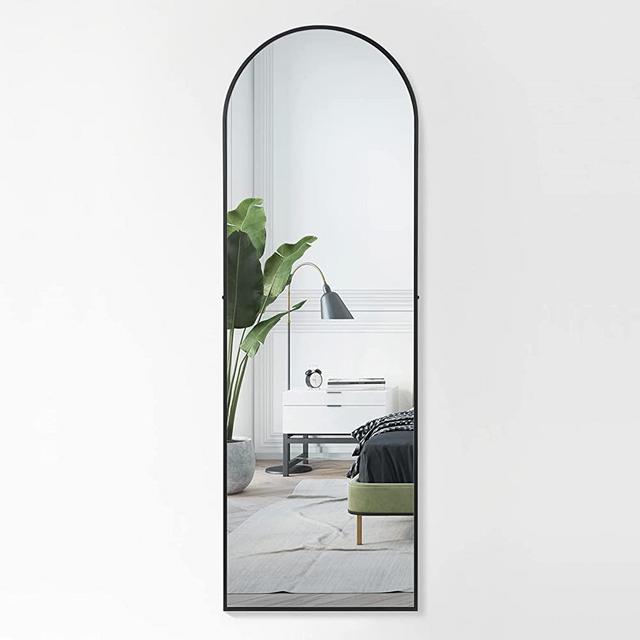YSSOA Full Length Mirror, Arched-Top Full Body Mirror with Stand, Floor Mirror & Wall-Mounted Mirror, Large Mirror, Aluminum Frame, 65 x 22 inch, Black