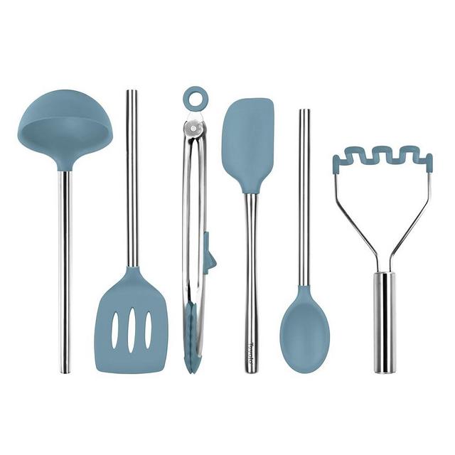 Tovolo Silicone Cooking Utensil Set of 6 Blue Slate Ladle Slotted Turner Tongs Flex Core Spatula Scraper Mixing Spoon and Potato Masher, Dishwasher Safe BPA Free Silicone Kitchen Utensils