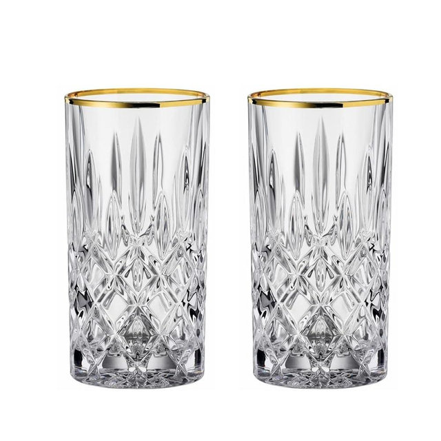 Nachtmann Noblesse Gold 12.7oz Tall Drink Glasses (Set of 2) - Elegant Crystal Glassware for Cocktails, Mixed Drinks, Beverages - Dishwasher-Safe with Decorative Cut & Gold Rimmed - Luxury Barware