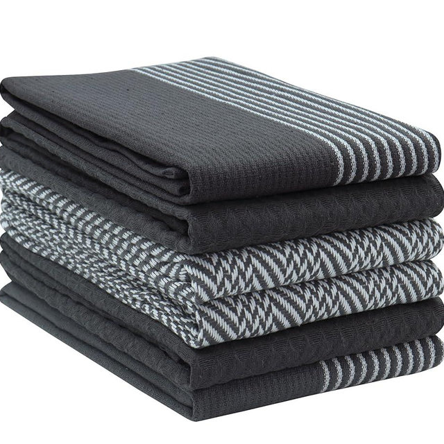 PurpleEssences 6-Pack Kitchen Towels - 15x25 Inch 100% Cotton Waffle Weave - Absorbent, Reusable Dish & Hand Towels with Hanging Loop for Home & Bar Use - Assorted - Dark Gray
