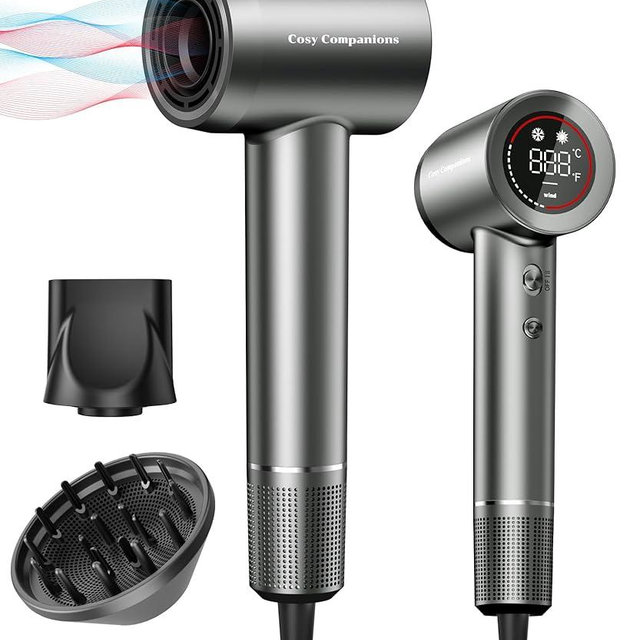 Hair Dryer - Negative Ionic Blow Dryer with 150000 RPM High Speed Brushless Motor for Fast Drying, Low Noise, HD Display Hair Dryer with Diffuser and Nozzle, 5 Temps & 2 Speeds