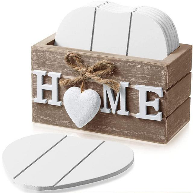 6 Pieces Wooden Love Heart Coasters in Grey Storage Box Rustic Home Decoration Drink Coaster for Tabletop Protection Cups Wooden Table, 4 Inch (Brown Home)