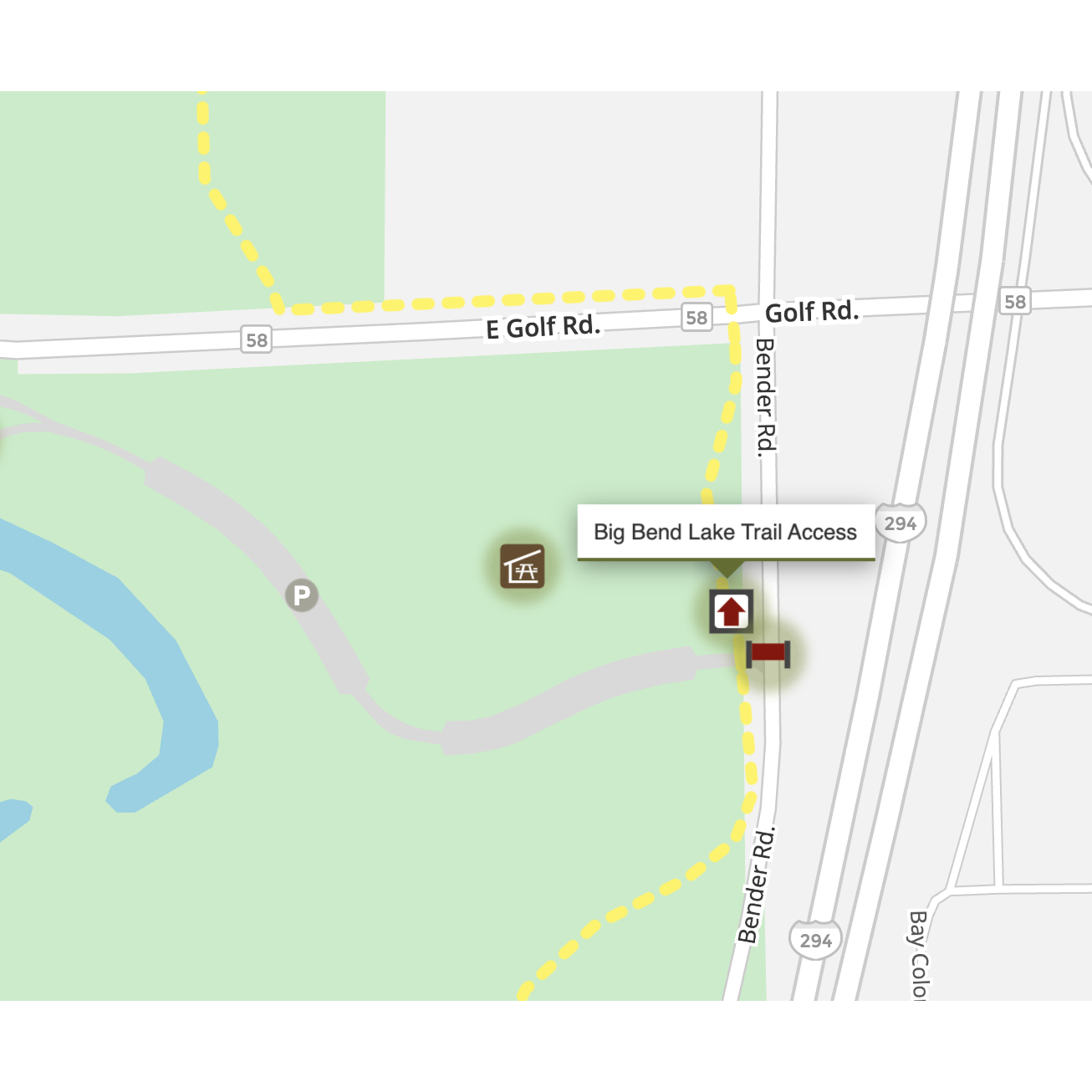 Here is a map of the entrance to Big Bend Lake.  Be sure to type in the street number (92 Bender Road) when searching for the correct entrance.