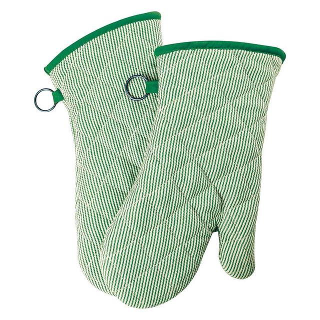1 Pair Yarn Dyed Oven Mitts 100% Cotton Heat Resistant 470 Degree Gloves Men Women Cooking Baking Barbecue BBQ Microwave Crafting Machine Washable Pot Holders Mittens (Green)