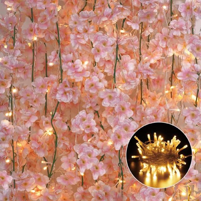Sunm Boutique Cherry Blossom Garland 6-Pack 35.4 Ft Cherry Blossom Hanging Vine with 32.8 Ft Long 80 LED String Lights Silk Sakura Vines Garland for Wedding Party Decor, Pink