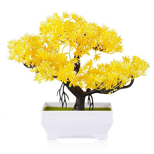 Frjjthchy Mini Artificial Bonsai Tree Plants with Plastic Cement Pots for Home Office Décor (Yellow)