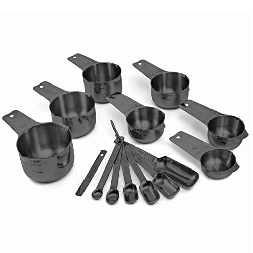 2lbDepot Black Measuring Cups & Spoons Set of 14, Premium Stainless Steel Metal, 7 Accurate Measuring Cups, 6 Measuring Spoons, 1 Leveler, Dry & Liquid Ingredients for Kitchen Baking & Cooking