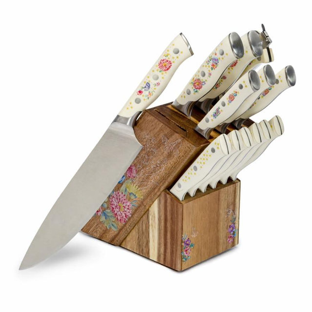 Pioneer Woman Signature 14-Piece Stainless Steel Knife Block Set For Healthy Cooking, Floral