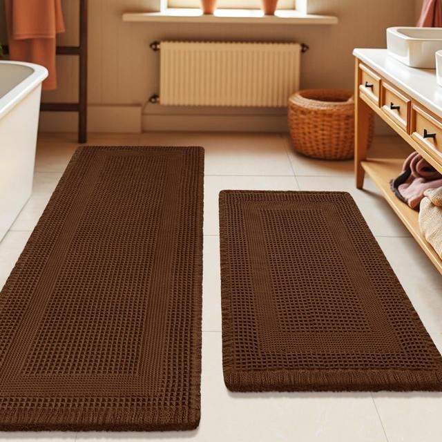 Waffle Bath Mat Set 2 Piece, Boho Woven Modern Bath Rug Absorbent Non Slip, Ultra Soft Bathroom Mats, Machine Washable Knit Bath Rugs with Tassels for Bathroom, Bedroom, Kitchen, Shower, Tub, Brown