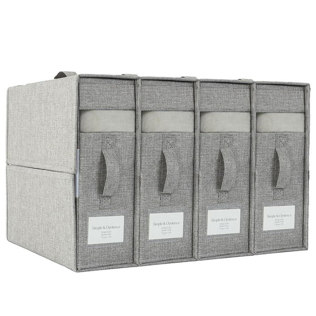 Simple&Opulence 4 Pack Bed Sheet Organizers and Storage, Linen Closet Organizers, Sheets Set Folder Storages with Window and Label (Queen/King Size) Organizing Bedding Container, Grey