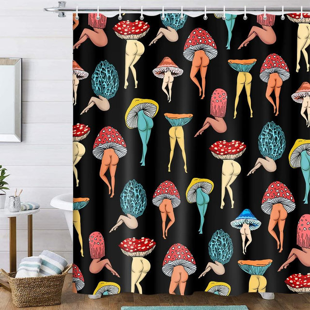 Funny Mushroom Butt Shower Curtain, Fun Cute Sexy Butt 70S 80S Fabric Shower Curtains for Bathroom Hippie Psychedelic Aesthetic Colorful Unique Cool Cloth Black Shower Curtain with 12 Hooks 60X70IN