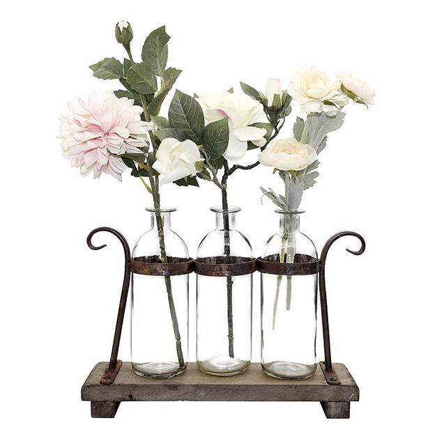 FUNSOBA Rustic Flower Vase Set with Rack Stand Farmhouse Glass Bottles for Decor Table centerpieces