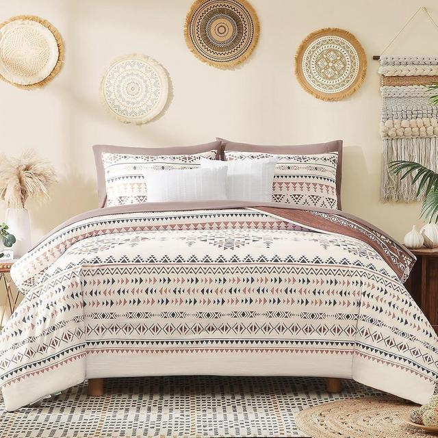 Geniospin King Size Comforter Set, Boho Bed in a Bag 7 Pieces Bedding Set,Burgundy Reversible Aztec Design with Soft Microfiber, Lightweight, Warm and Breathable (King, 102x90 Inches)