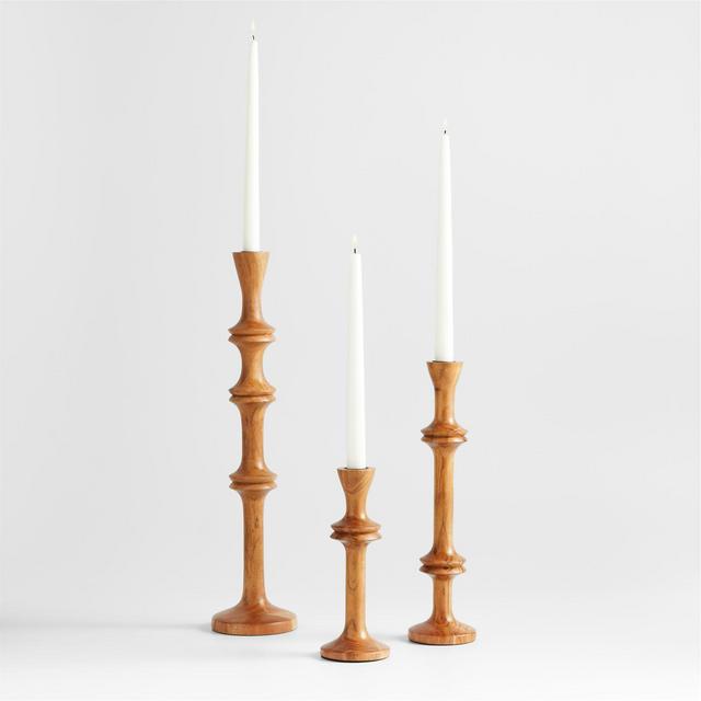 Century Natural Acacia Wood Taper Candle Holders, Set of 3