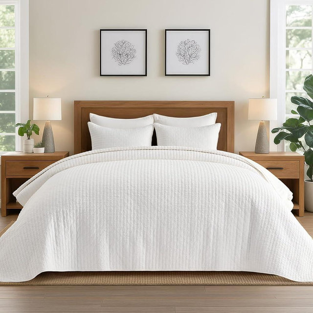 EVERGRACEHOME Cross Stitch Pre-Washed Cotton Quilt Bedding Set King Size, Oversized 3 Pieces Lightweight Bedspread Coverlet for All Season, with 2 Matching Shams, Bright White,118"x106"