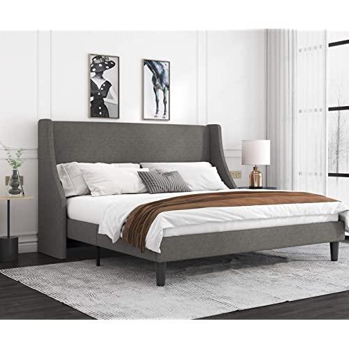 Allewie King Size Platform Bed Frame with Deluxe Wingback/Upholstered Bed Frame with Headboard/Wood Slat Support/Mattress Foundation/Light Grey(King)