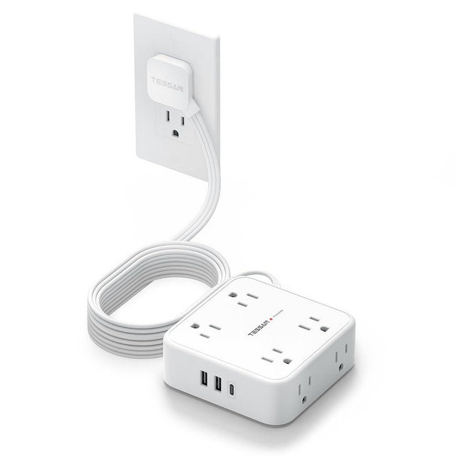 Extension Cord with Multiple Outlets, TESSAN 10 FT Surge Protector Power Strip Flat Plug, 8 AC Outlets, 900J 3 USB Ports (1 USB C), Desk Charging Station with Protection for Home, Office, Dorm Room