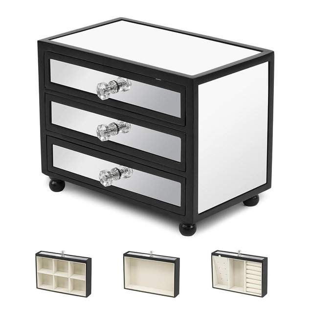 Gifturbo 3-Tier Mirror Black Jewelry Box,Jewelry Organizer Glass with 3 Drawers for Big and Small Jewelry, Jewelry Storage, Modern Style