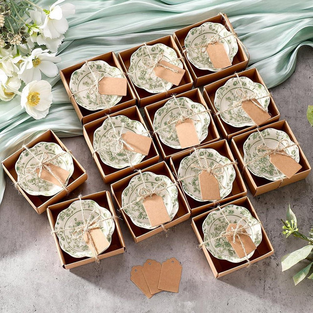 SiliFine 12 Pcs Wedding Favors for Guests Small Ceramic Bowl Bulk Gifts Set 3.3 Inch Floral Design Mini Dipping Sauce Dish with Card Box for Bridal Pooja Baby Shower Birthday (Flower,Sage Green)