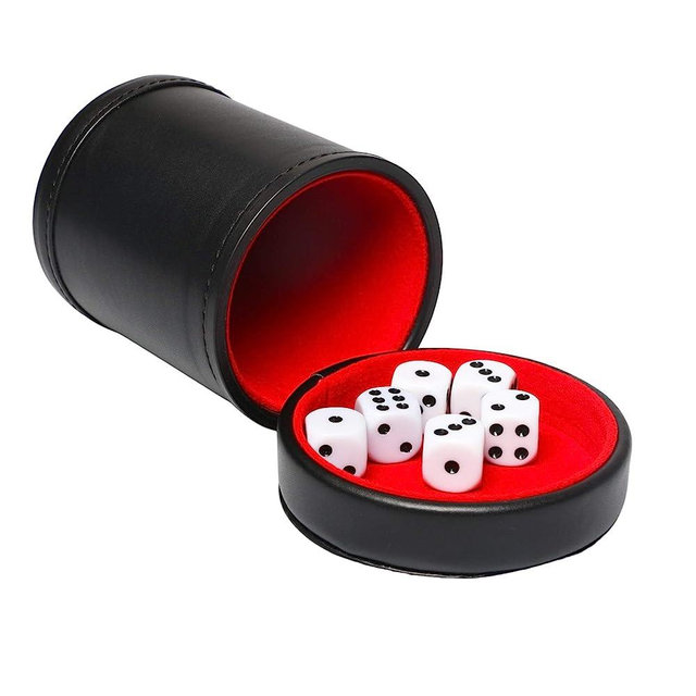 RERIVER Leatherette Dice Cup with Lid, Red Felt-Lined Dice Shaker Includes 6 Regular Dice for Liars Dice/ Farkle/ Yahtzee/ Games, 1 Pack