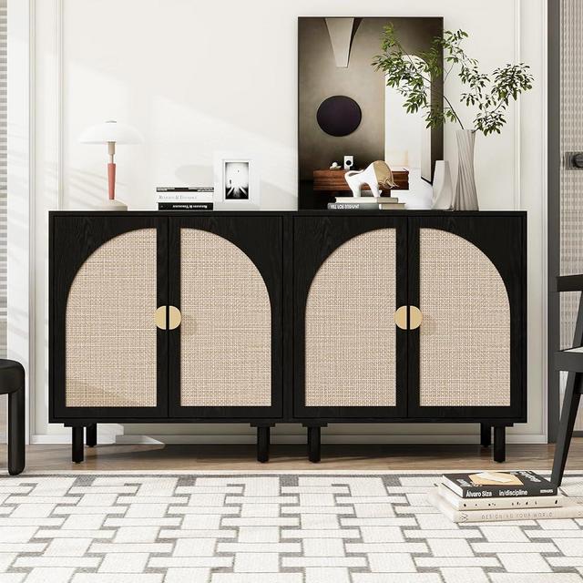 YHAOWORKS Sideboard Buffet Cabinet with Storage - Natural Rattan 2 Door Cabinet, Accent Storage Cabinet with Wicker Door, Boho Wood Credenza for Living Room, Kitchen (Black Set 2)