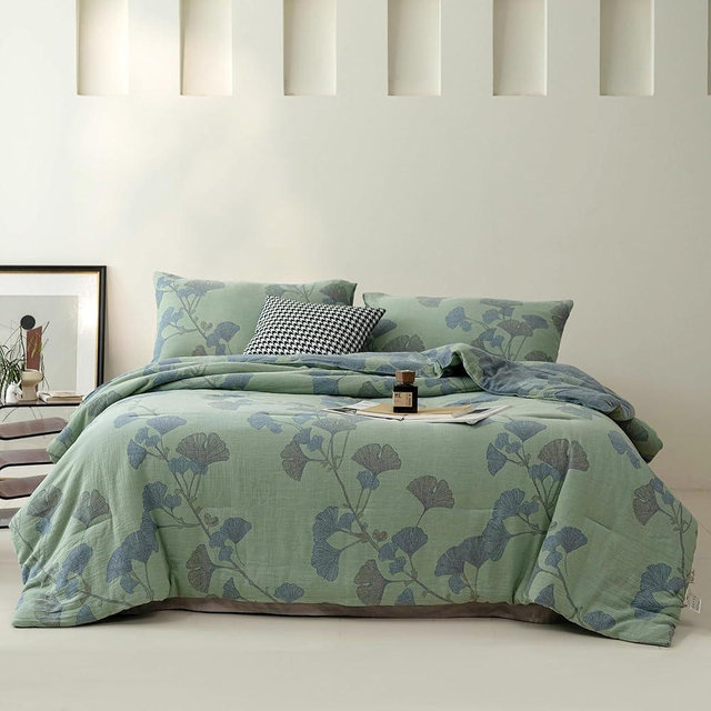 Purefair 100% Cotton Muslin Jacquard Comforter Set, Floral Ginkgo Leaves Print, Soft Lightweight Reversible 3 Piece Bedding Sets for All Season, Green Blue, Full/Queen(90"x90")