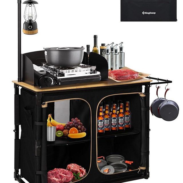 KingCamp Bamboo Camp Kitchen Station, Folding Overland Camping Kitchen Table Hooks Portable Outdoor Cooking with Adjustable Lantern Pole & Windshield Storage Organizer for Tailgating BBQ Picnic RV