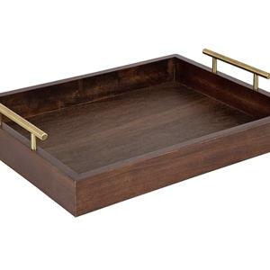 Kate and Laurel Lipton Decorative Wooden Tray with Metal Gold Handles, 16.5" x 12.25", Dark Walnut Brown and Gold