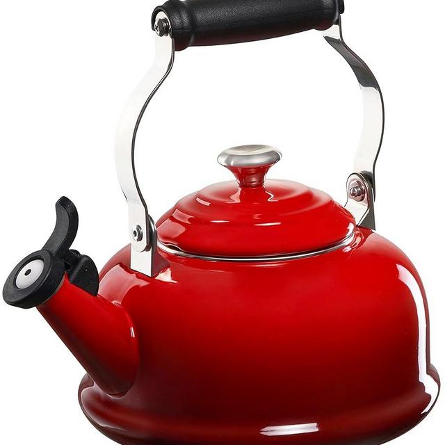 Le Creuset Enamel On Steel Whistling Tea Kettle with Metal Finishes, 1.7 qt., Cerise