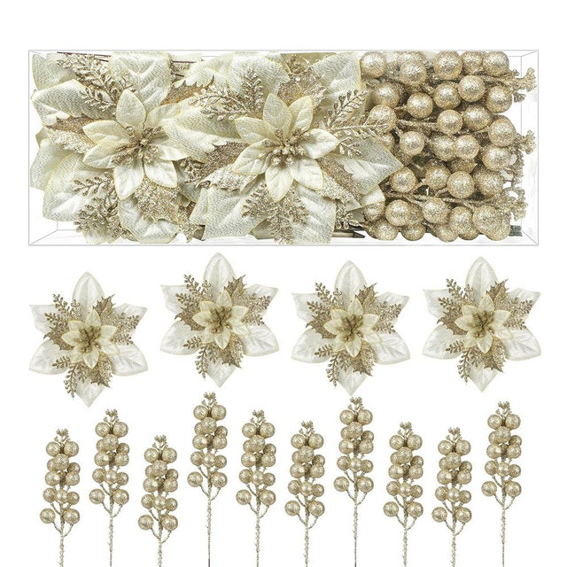 Alupssuc 24 Pieces Christmas Tree Decorations, 12 PCS Champagne Gold Poinsettia Flowers Artificial and 12 PCS Christmas Tree Picks for Christmas Decorations Party Wreath Fireplace, Champagne Gold