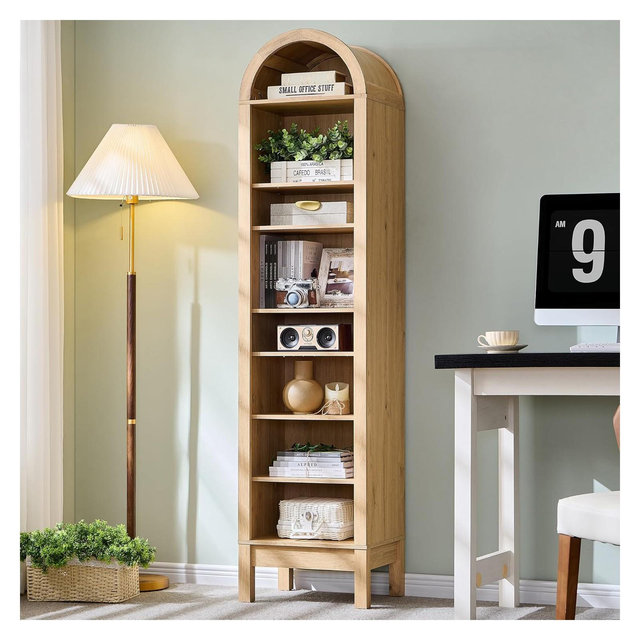 SinCiDo 71" Arched Bookshelf, 8 Tiers Bookshelf Storage Cabinet w/Adjustable Shelves, Wood Bookshelf w/Open Display Shelf for Home Office, Beige