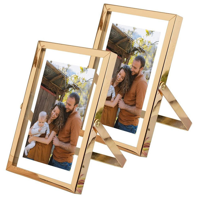 Golden State Art, Light Gold 4x6 Metal Frame - Floating Effect for 3x5, 2x3 or any Smaller Photos with Real Glass for Protection - Elegant Desktop Decor for Home or Office - Vertical Display